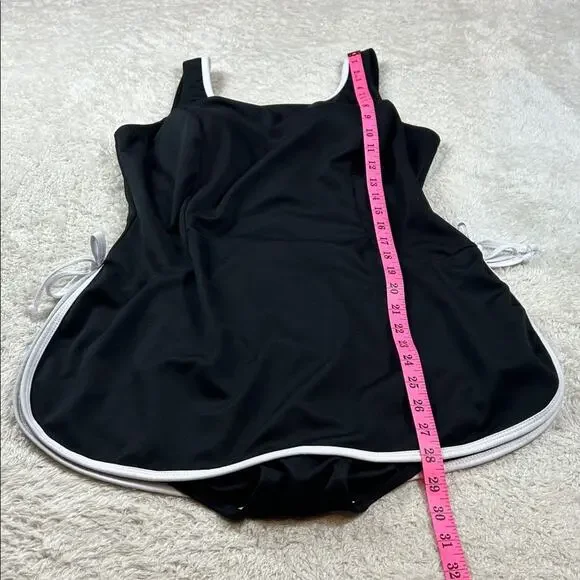 Vintage 90s does 60s T.H.E. black one piece swimsuit swim skirt, size 16 - Picture 3 of 8